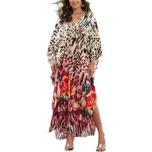 Women Black Leopard Sleeve Kaftan Flowy Lightweight loungewear Beach Caftan Maxi